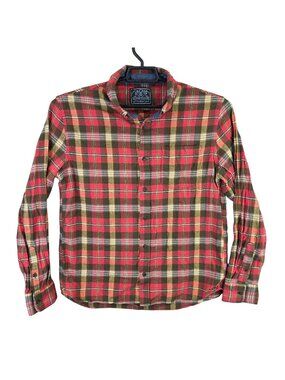 Mens JACHS Red Plaid Washed Flannel Shirt Long Sleeve Button Down Size L